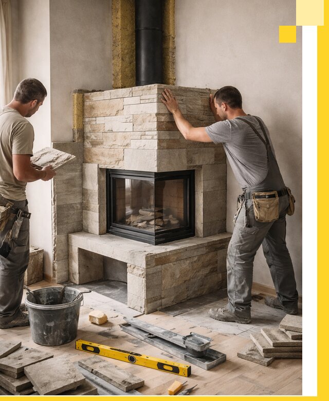 Угловые камины под ключ проект, монтаж и отделка в Климовске