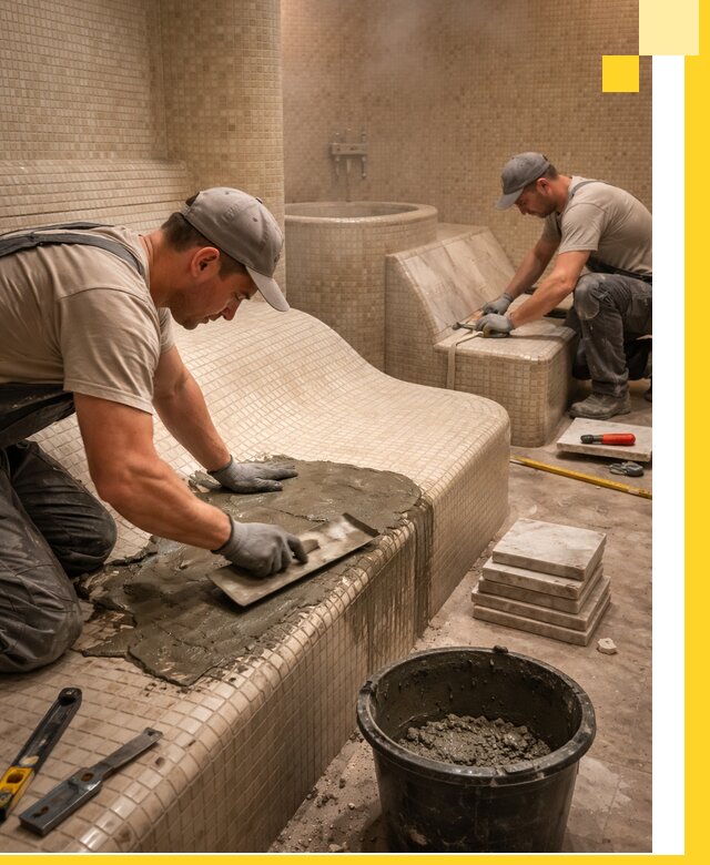 Лежаки для хамама под ключ в Климовске, проект и монтаж